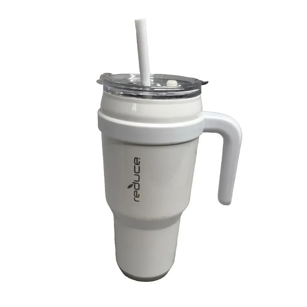Reduce 40 oz Travel Mug Vacuum Insulated Stainless Steel White Handle Rubber Bas